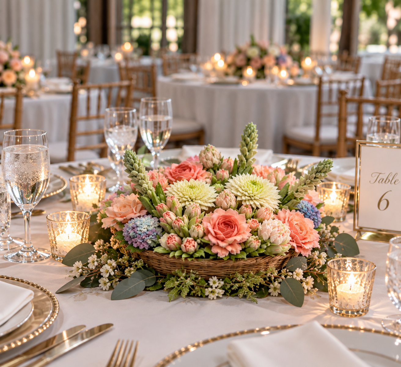A Bouqcake in a woven basket as the centerpiece of a wedding guest table