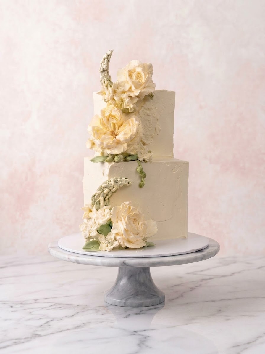 The Champagne — two-tier ivory buttercream cake with cream roses