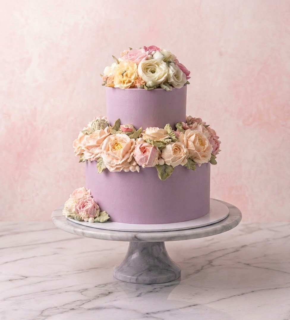 The Garden — two-tier lavender buttercream cake with a ring of blush roses
