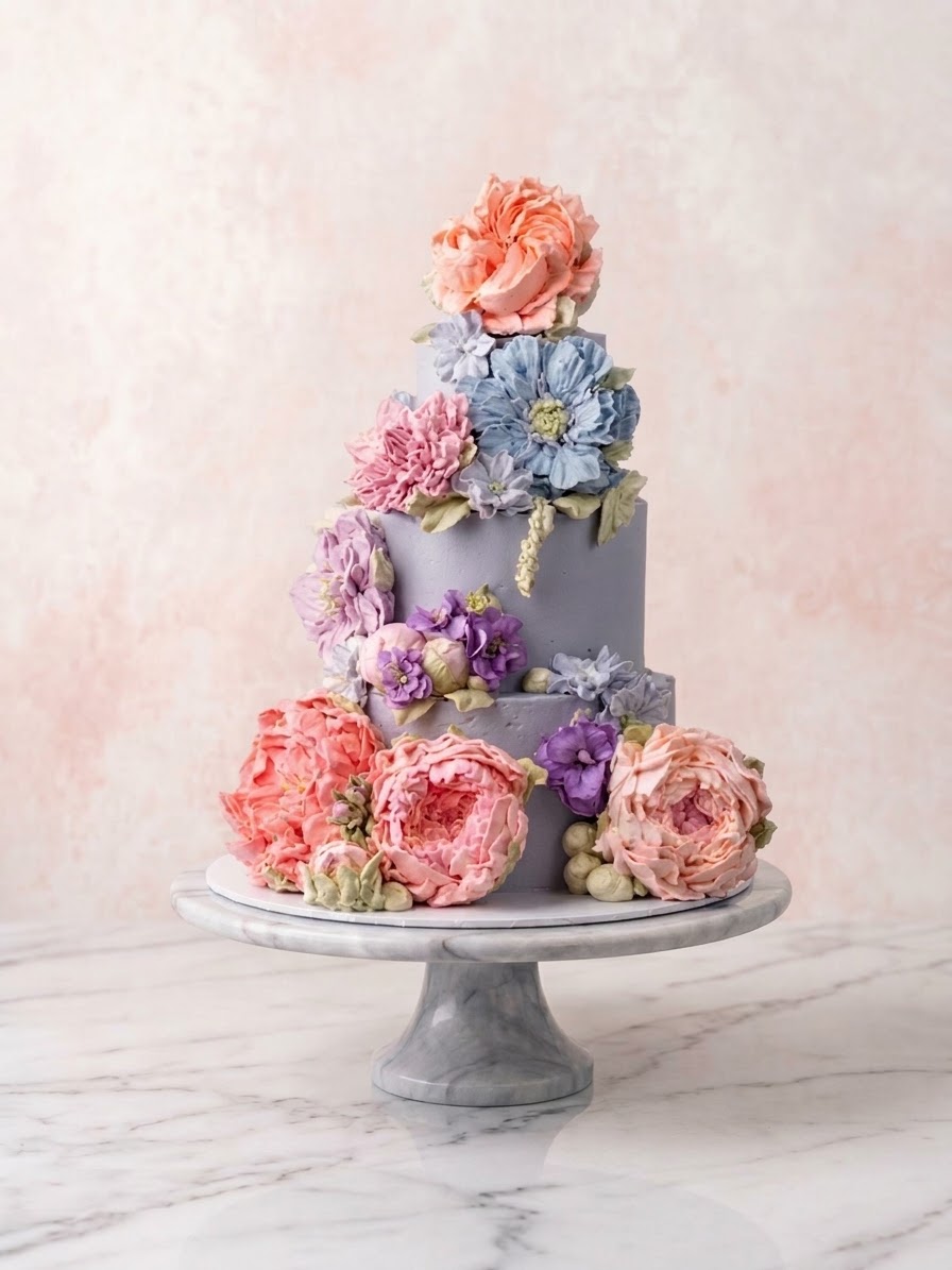 The Grandeur — three-tier lavender buttercream cake with coral peonies and blue blooms