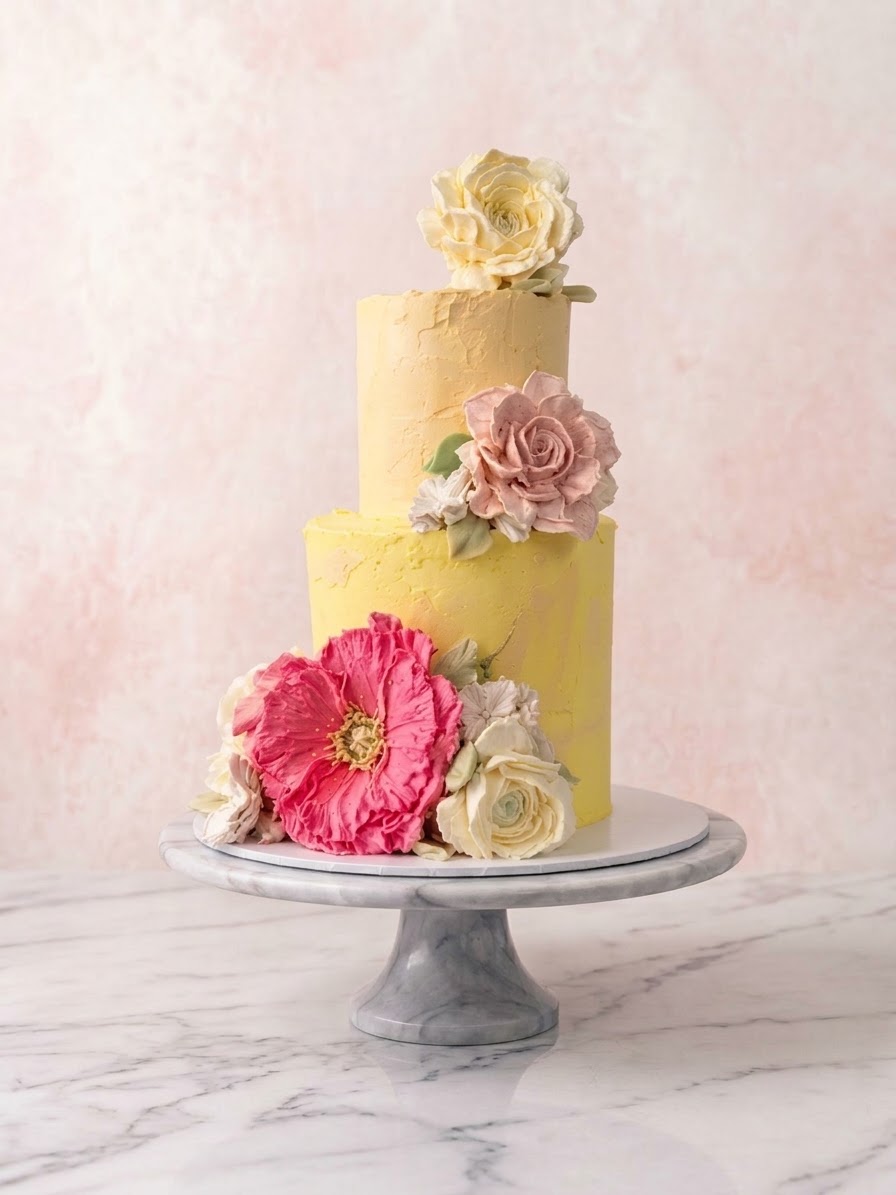 The Juliette — two-tier yellow buttercream cake with pink poppy and roses