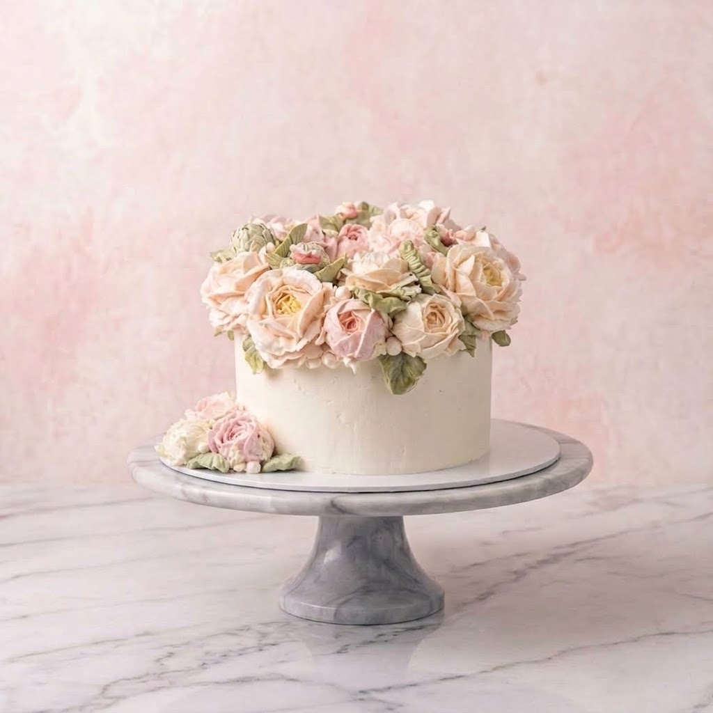 The Memories — single-tier ivory cake crowned with blush buttercream roses